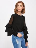 Romwe Mesh Insert Tiered Bell Sleeve Blouse