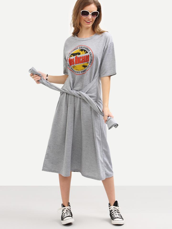 Romwe Faux Sleeve-tie Logo Print Tee Dress - Grey