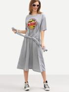 Romwe Faux Sleeve-tie Logo Print Tee Dress - Grey