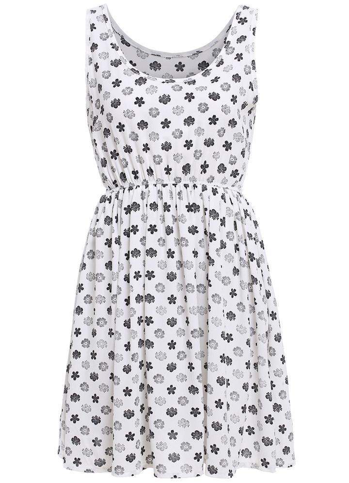 Romwe Scoop Neck Flower Print Pleated White Dress