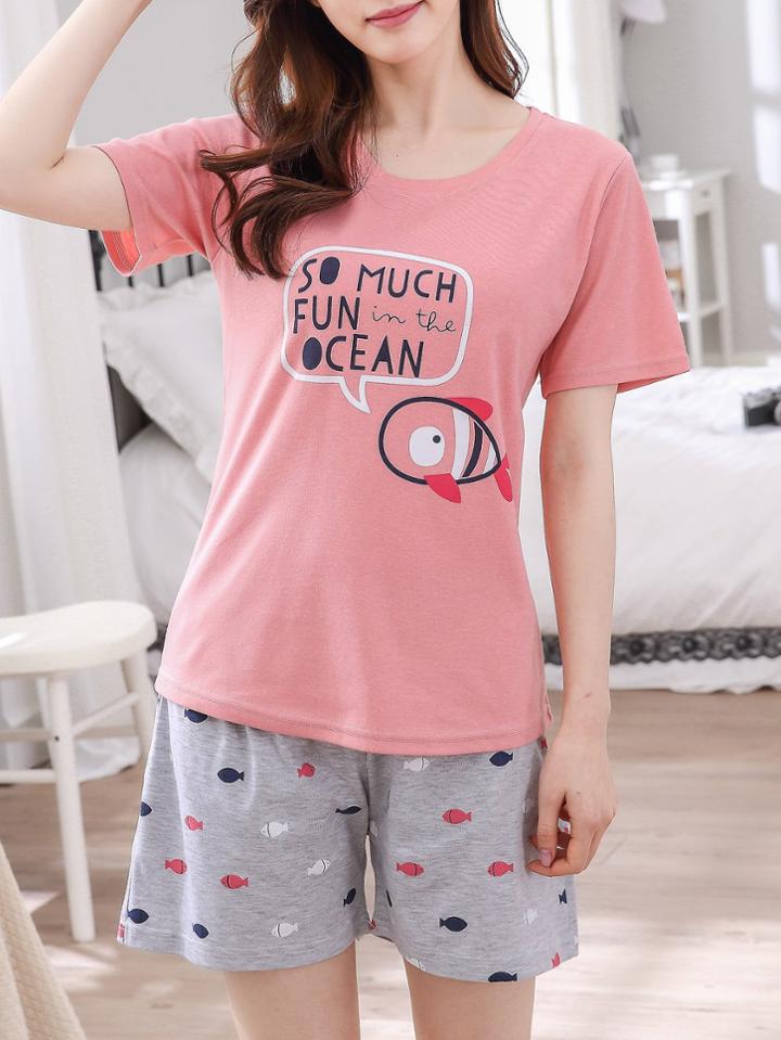 Romwe Letter & Fish Print Tee & Shorts Pj Set