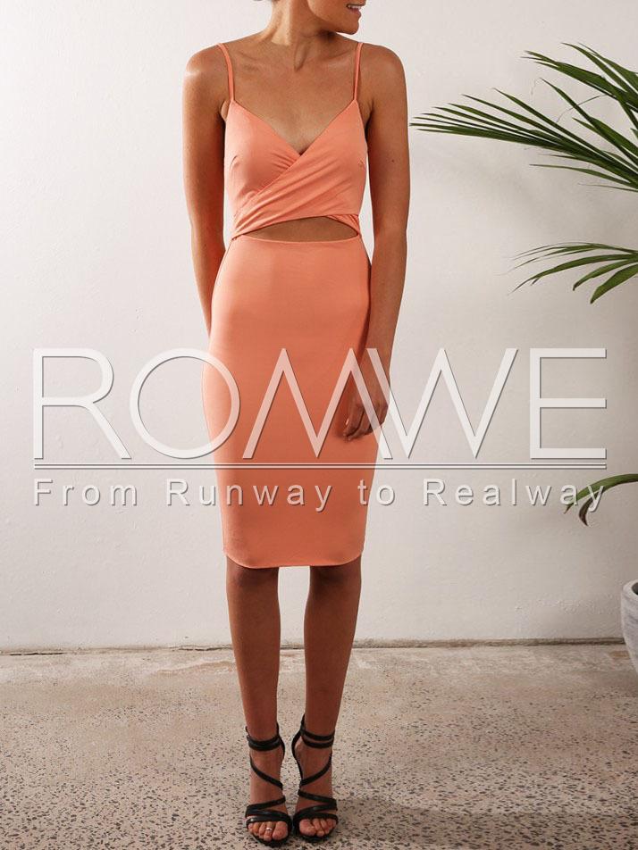 Romwe Orange Spaghetti Strap Cut Out Sheath Dress