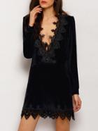 Romwe Black Long Sleeve Deep V Neck With Lace Dress