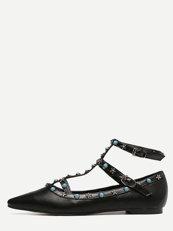 Romwe Black Pointed Toe Turquoise Metal T-strap Flats