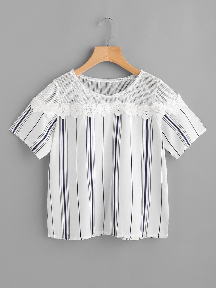 Romwe Striped Net Mesh Insert Flower Lace Trim Blouse