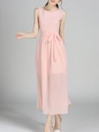 Romwe Pink Self Tie Buttoned Cutout Back Chiffon Dress