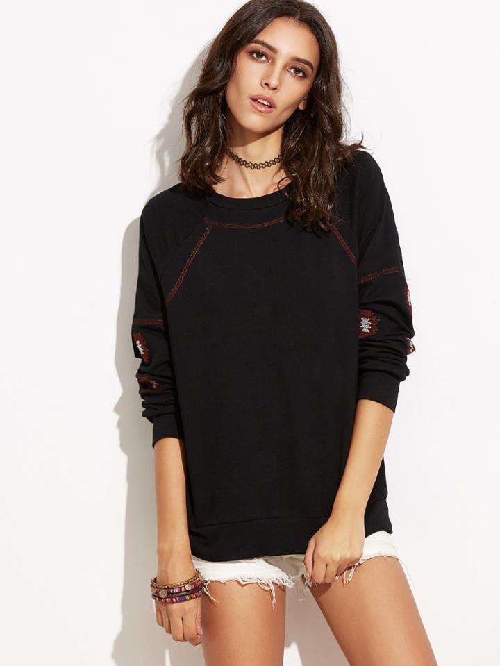 Romwe Black Raglan Sleeve Embroidered Sweatshirt