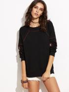 Romwe Black Raglan Sleeve Embroidered Sweatshirt