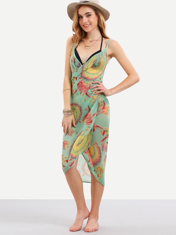 Romwe Spaghetti Strap Florals Backless Chiffon Beach Dress