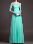 Romwe Turquoise Sheer Lace Pleated Maxi Dress