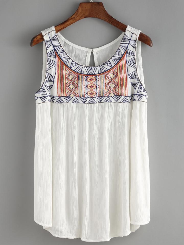 Romwe Geometric Embroidered Keyhole Tank Top