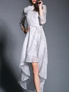 Romwe White Round Neck Length Sleeve High Low Print Dress
