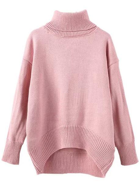 Romwe Turtleneck Dropped Shoulder Seam High Low Pink Jumper