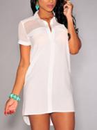 Romwe Buttoned Front High-low Shirt Dress - White