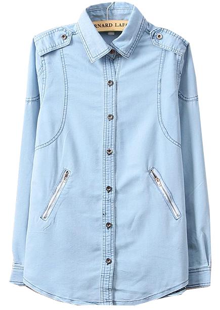 Romwe Zip Pockets Denim Blouse