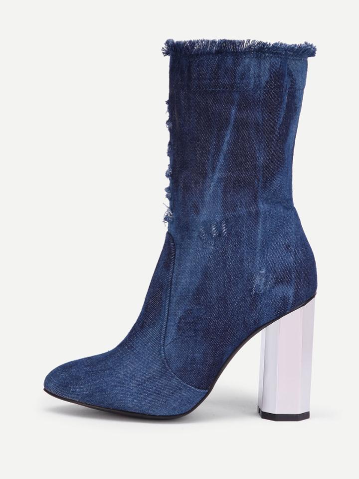 Romwe Distressed Detail Block Heeled Denim Boots