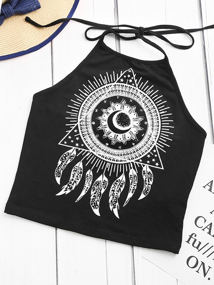 Romwe Tattoo Print Halter Neck Top
