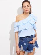 Romwe Asymmetrical Off Shoulder Layered Frill Trim Striped Top