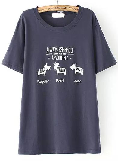 Romwe With Bead Zebra Print Navy T-shirt