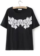 Romwe Lace Embroidered Black T-shirt