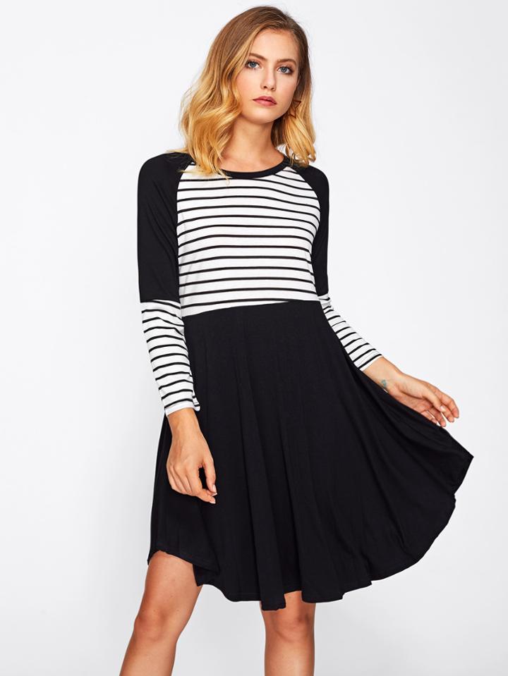 Romwe Raglan Sleeve Contrast Striped Dress