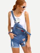 Romwe Embroidery Patch Rolled Hem Overall Blue Denim Shorts