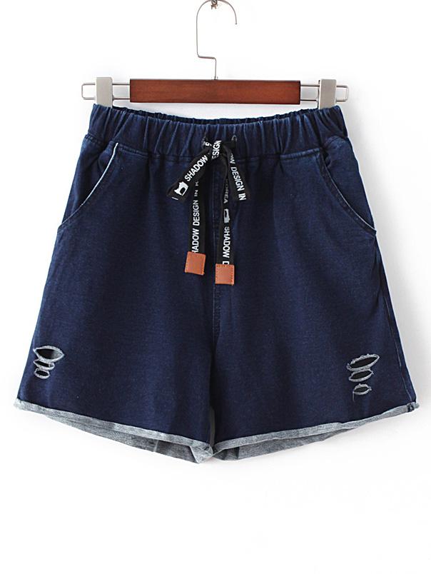 Romwe Dark Blue Tie Waist Roll-up Hem Ripped Denim Shorts