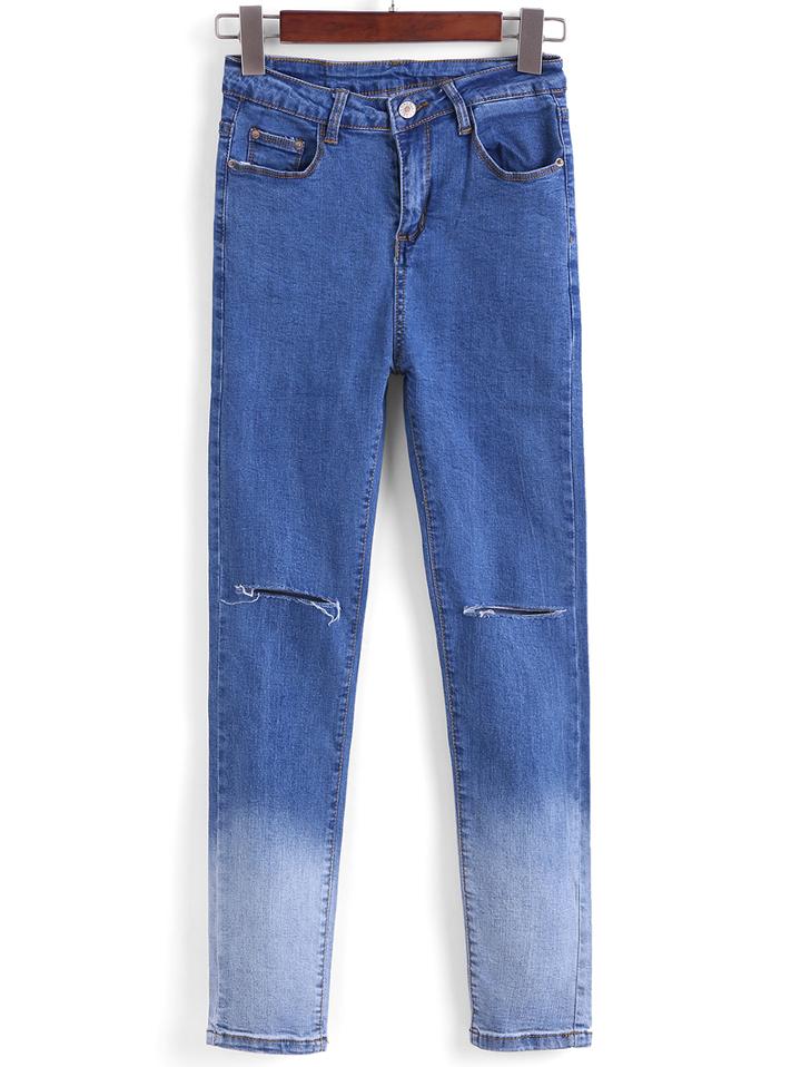 Romwe Cut Out Ombre Slim Denim Pant