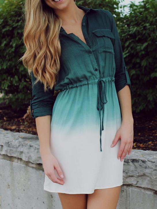 Romwe Ombre Lapel Drawstring Pocket Buttons Shirt Dress