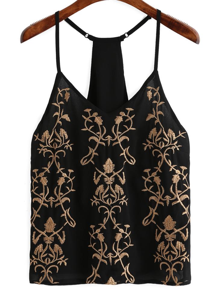 Romwe Black Spaghetti Strap Embroidered Chiffon Cami Top