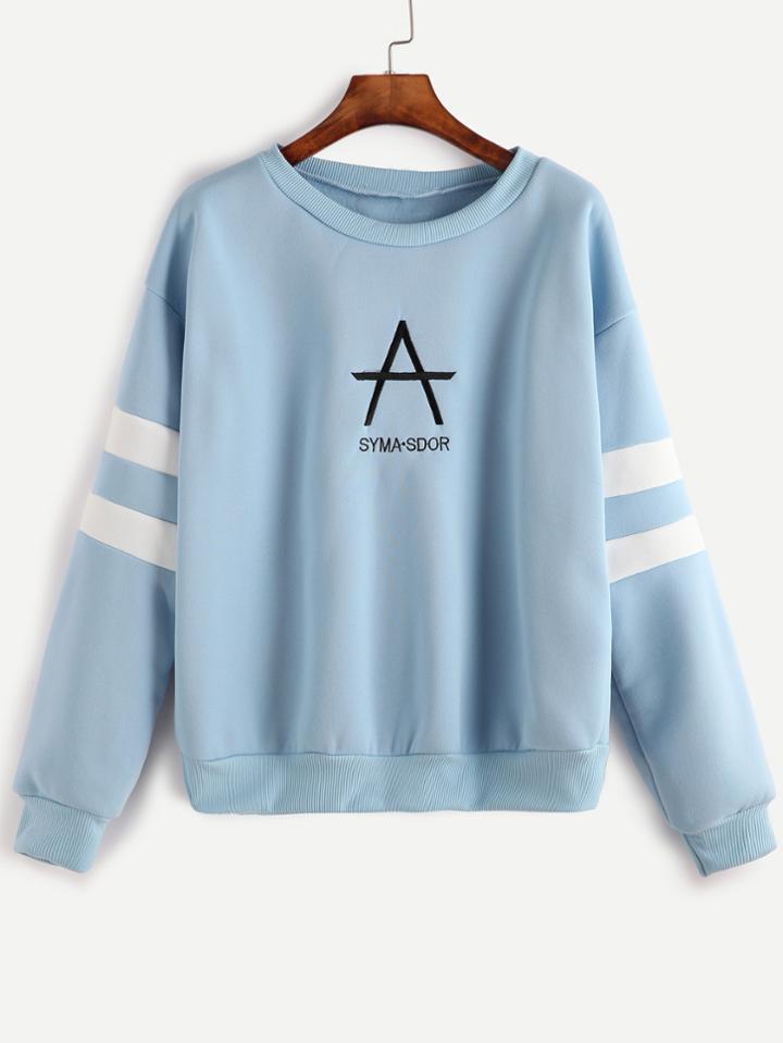 Romwe Drop Shoulder Varsity Striped Letter Embroidery Sweatshirt