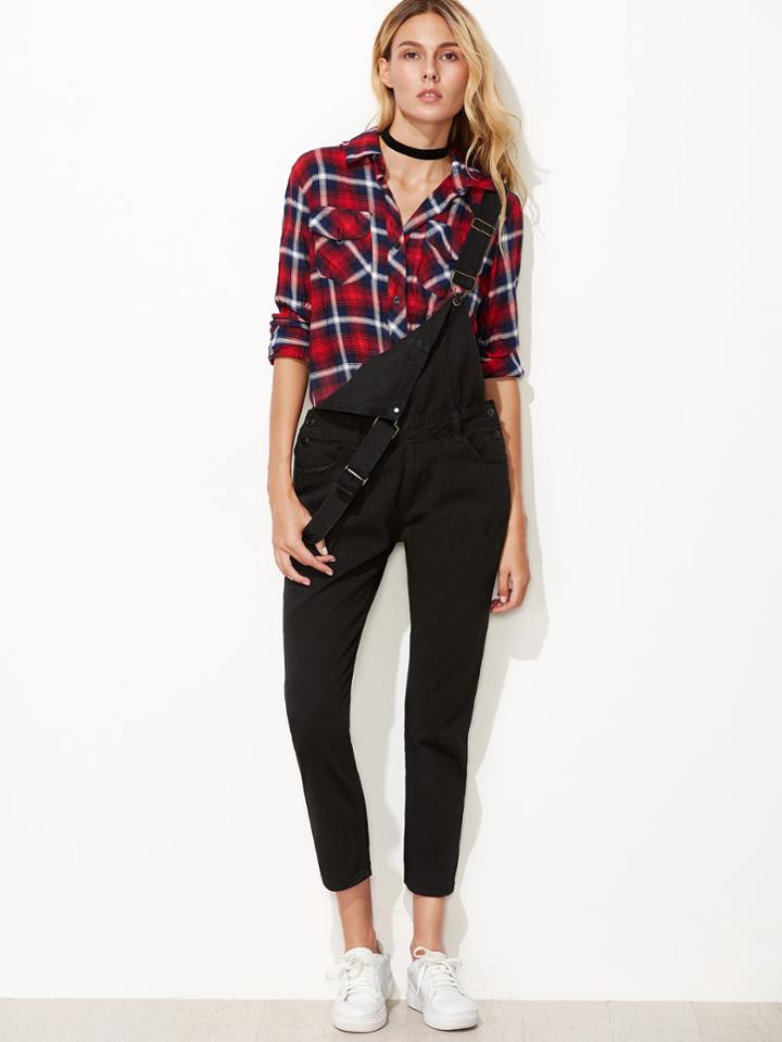 Romwe Black Strap Button Side Pockets Overall Jeans