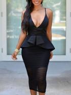Romwe Peplum Cami Top Striped Mesh Dress - Black