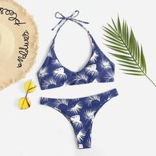 Romwe Random Leaf Print Ruched Drawstring Bikini Set