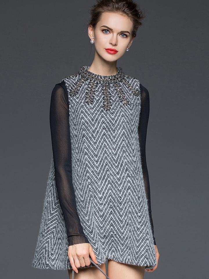 Romwe Grey Round Neck Sleeveless Beading Dress