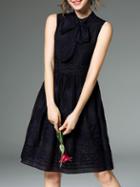 Romwe Black Pleated Embroidered Tie-waist Dress