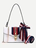 Romwe White Chain And Striped Tape Embellished Shoulder Bag