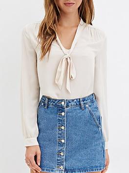 Romwe V Neck Bow Chiffon Apricot Blouse