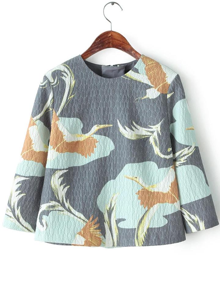 Romwe Back Zipper Crane Print Top