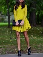 Romwe Yellow Long Sleeve Crochet Lace Dress