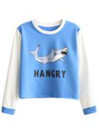 Romwe Blue And White Shark Print Sweatshirt
