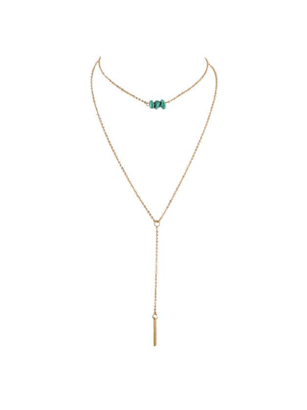 Romwe Gold Multi Layer Chain Blue Beads Geometric Pendant Necklace