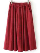 Romwe Red Elastic Waist Button Front Pleated Skirt