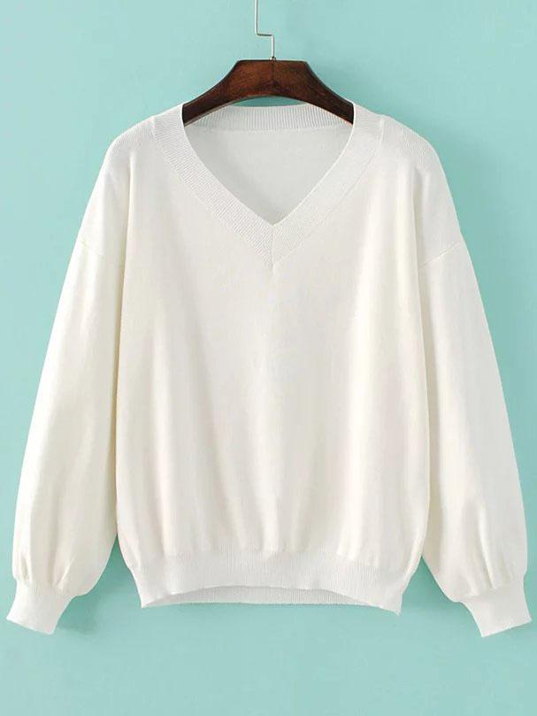 Romwe White V Neck Drop Shoulder Ribbed Trim Knitwear