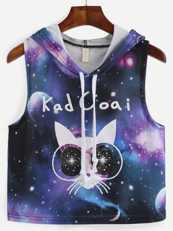 Romwe Cat And Galaxy Print Hoodie Tank Top