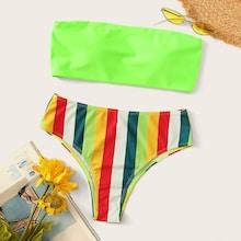 Romwe Neon Green Bandeau With Striped Bikini Set