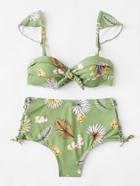Romwe Leaf Print Ruched Bikini Set