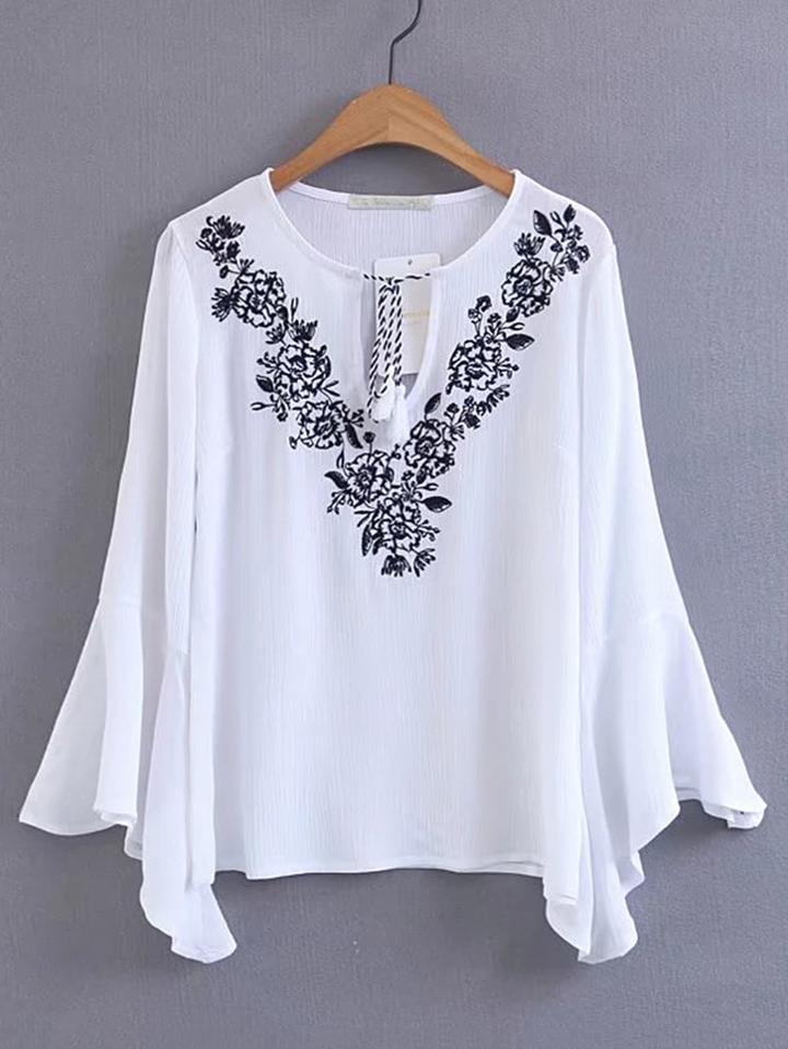 Romwe Tassel Tie Neck Bell Sleeve Embroidery Top