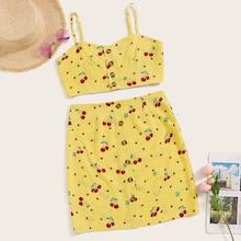Romwe Cherry Print Button Front Cami Top With Skirt