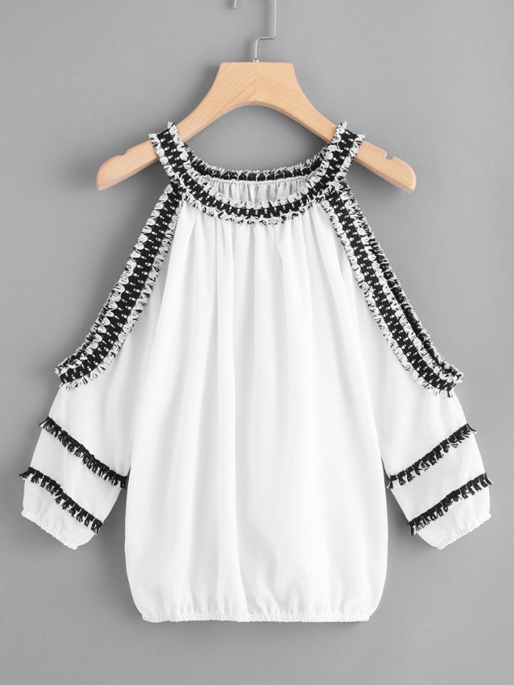 Romwe Fringe Trim Open Shoulder Blouse